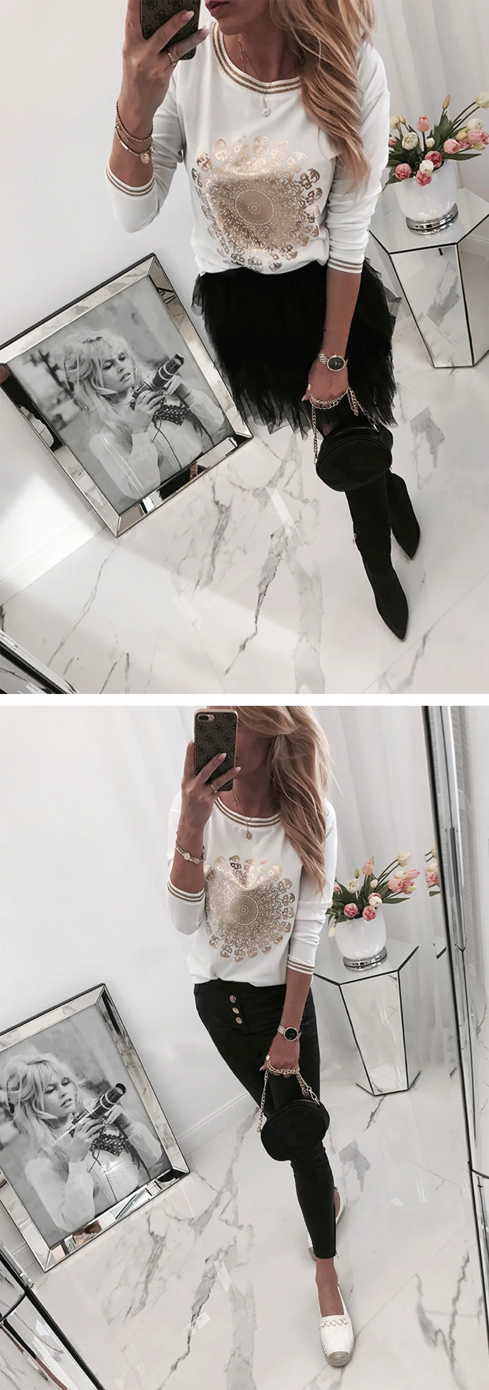Autumn Spring Slim T Shirt Women Gold Pattern Print Round Neck Long Sleeve Femme Harajuku Korean Streetwear T-shirt White Tops