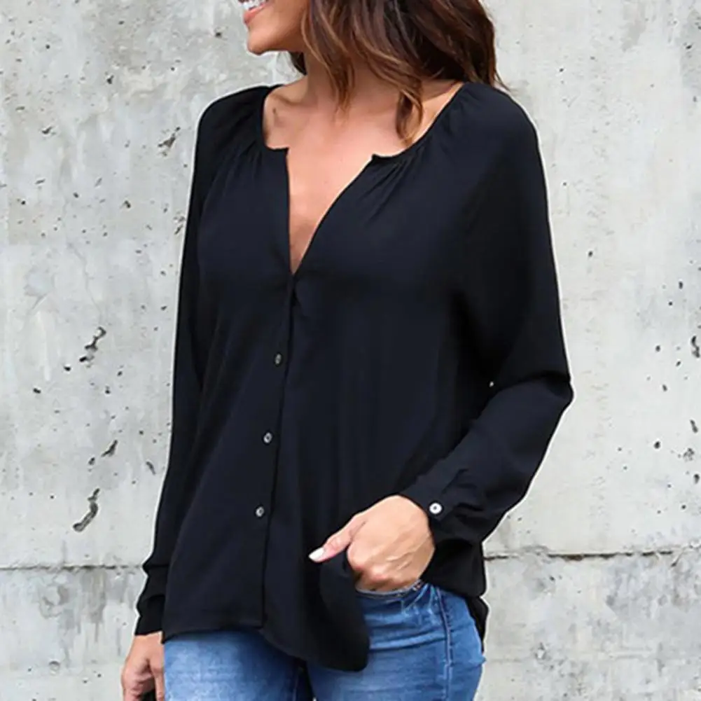 Ladies Casual Tops Blouse 2022 Plus Size Women Casual All-Match Solid Color Button Loose Long Sleeve V-Neck Blouse Shirt Women's