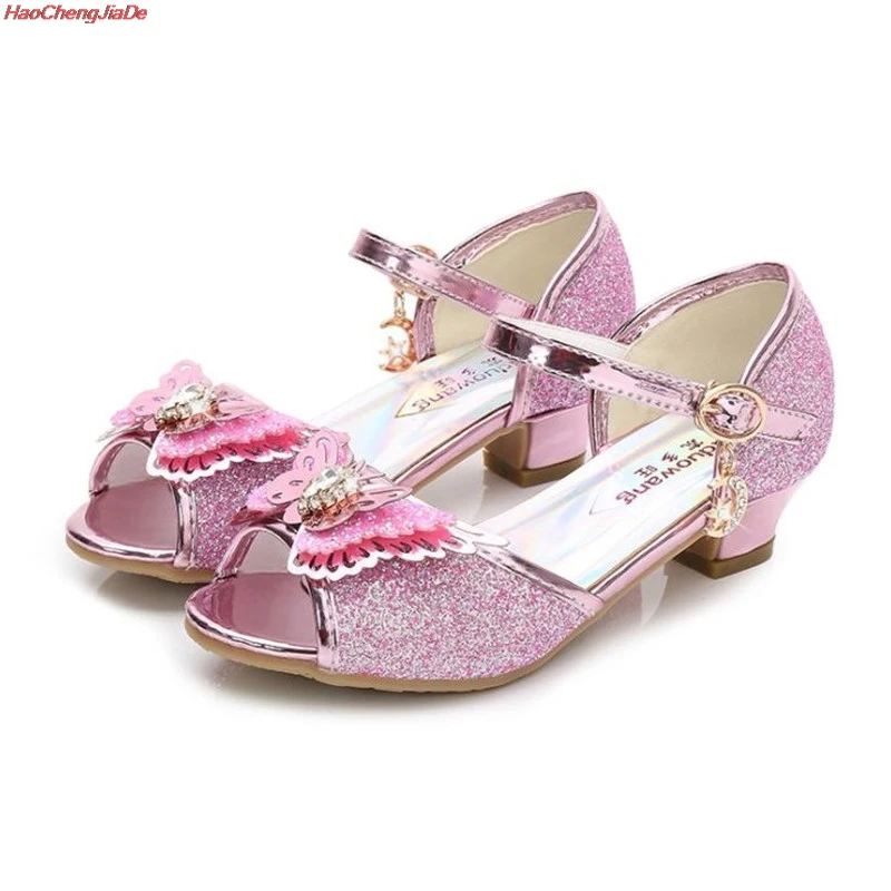 Обувь для девочек; chaussures prinsessen schoenen; блестящие сандалии с бантом; модельные туфли на высоком каблуке; блестящие туфли с бантом для маленьких детей