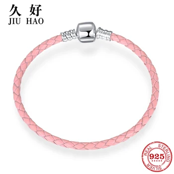 

Hot 925 Sterling Silver Charm Pink Leather rope Bracelets diy for fashion jewelry womens accessories trendy 2018