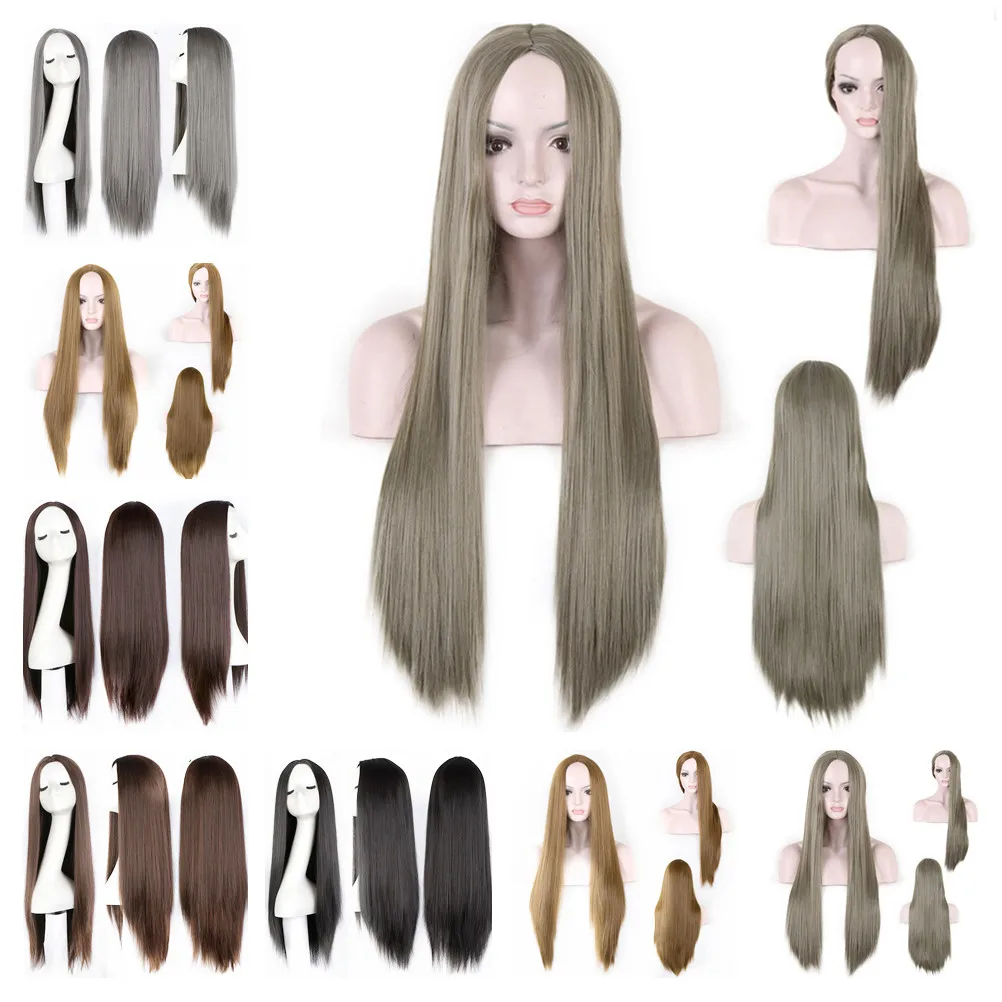 

SHUOHAN 70cm 28 Inch Synthetic Straight Wig for Women Black Brown Gray Heat Resistant Fiber Cosplay SX95