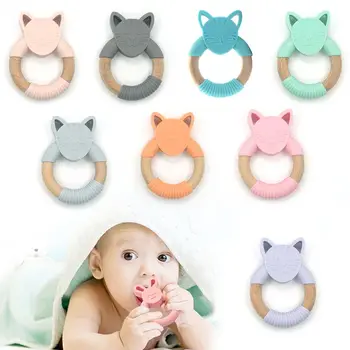 

Infants Nursing Accessories Baby Teether Cartoon Cat Shape Silicone Wooden Ring Kids Newborn Chew Toy