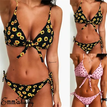 

Women Floral Heart Print Bikini Set Beachwear Bowknot V-neck 2020 Bandage Push-Up Padded Swimwear Swimsuit Bathing Brazilian New