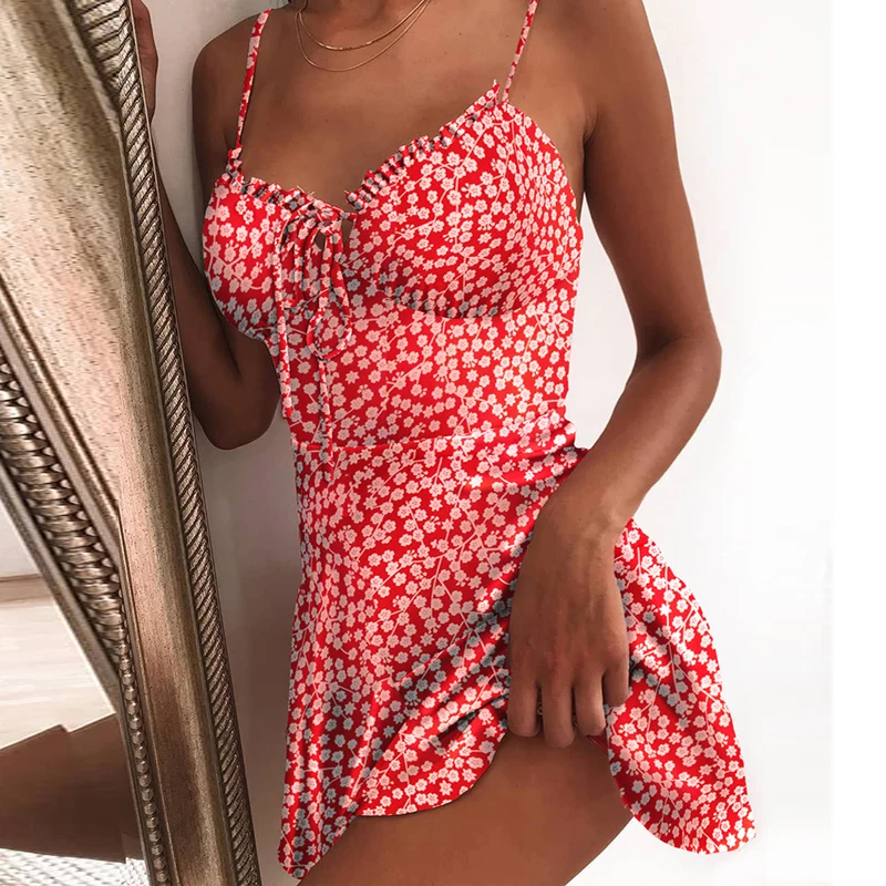 Summer Tie Front V Neck Elegant Sexy Floral Print Mini Dress Women Off Shoulder Ruffle Party Dress Femme Backless A-Line Dresses
