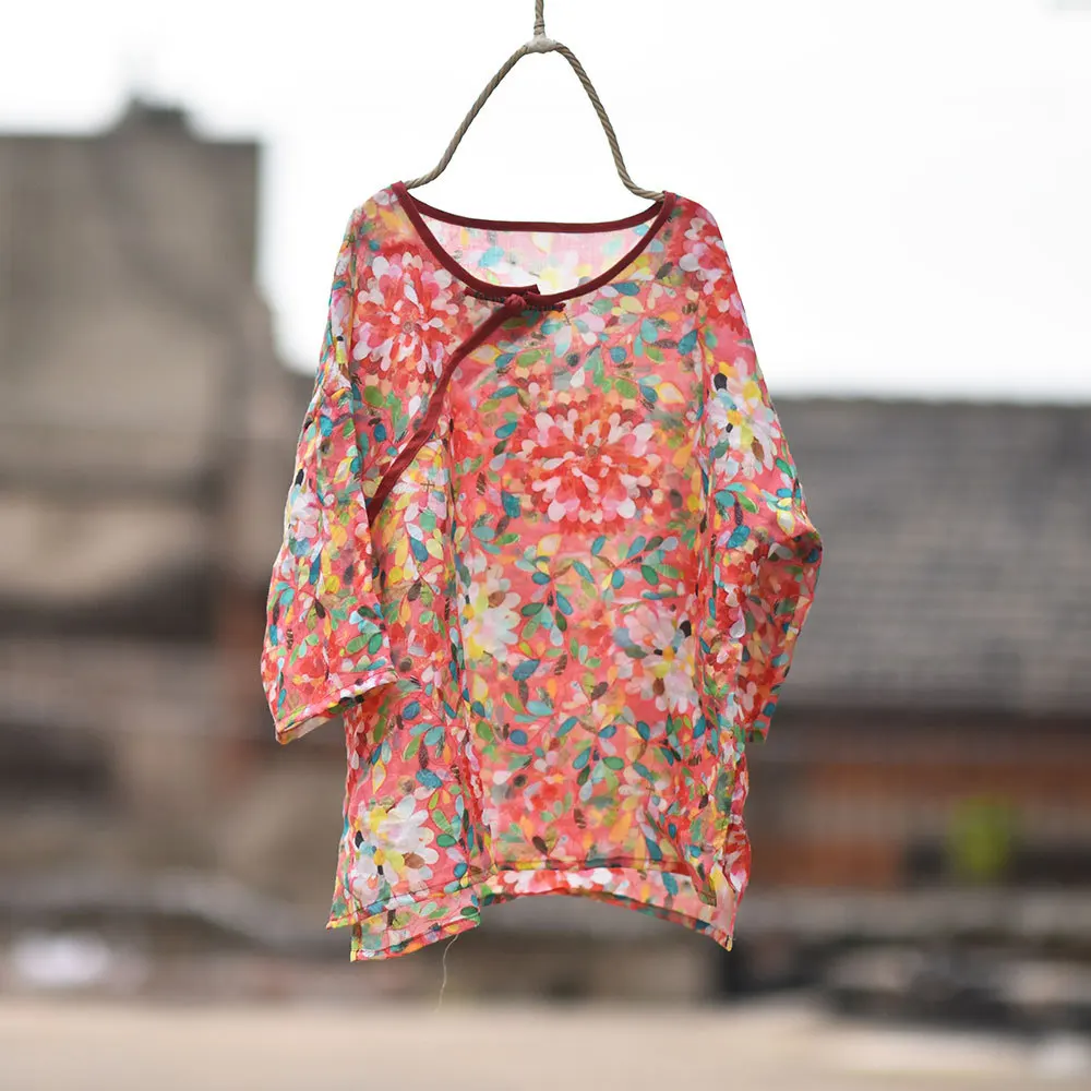 Women Printed Ramie Shirts Tops Ladies Print Ramie Irregular Length Blouse Female 2020 Summer Shirt 6