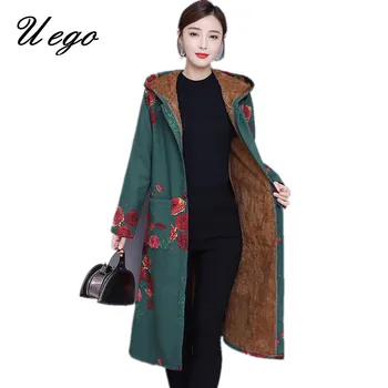 

Uego 2019 New Arrival Thicken Fleece Warn Winter Coat Print Floral Cotton Linen Outerwear Jakcet Coat Women Casual Winter Coat