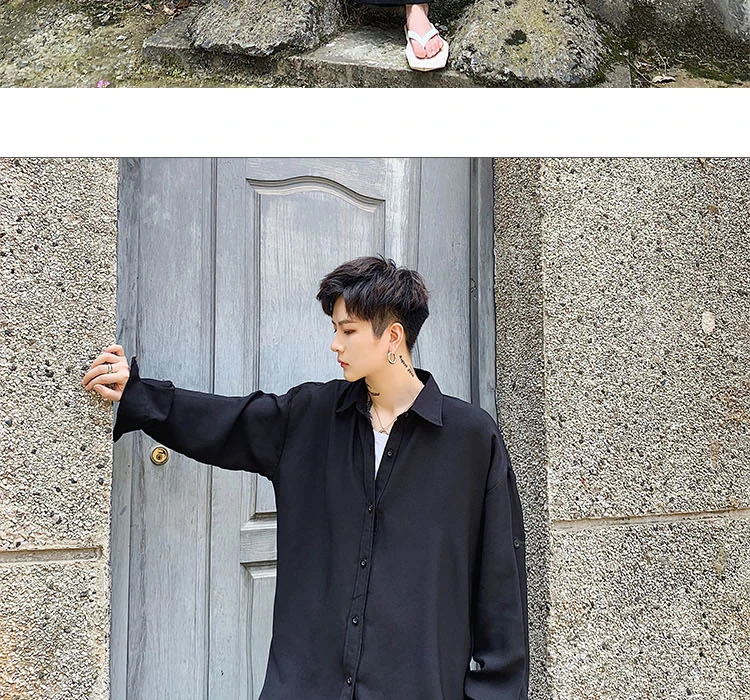 EWQ/2019 Новая модная Осенняя длинная простая однотонная черная рубашка мужская Свободная Повседневная Корейская рубашка с отложным