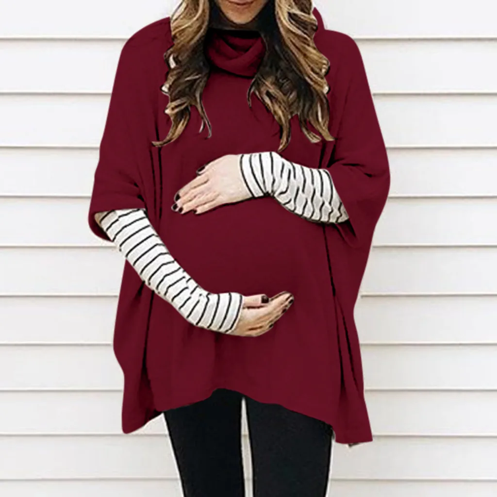Maternity Clothes Two-Piece Set For Women Pregnant High Collar Long Sleeve Splicing Stripe Tops Pullover Blusas De Embarazo@40