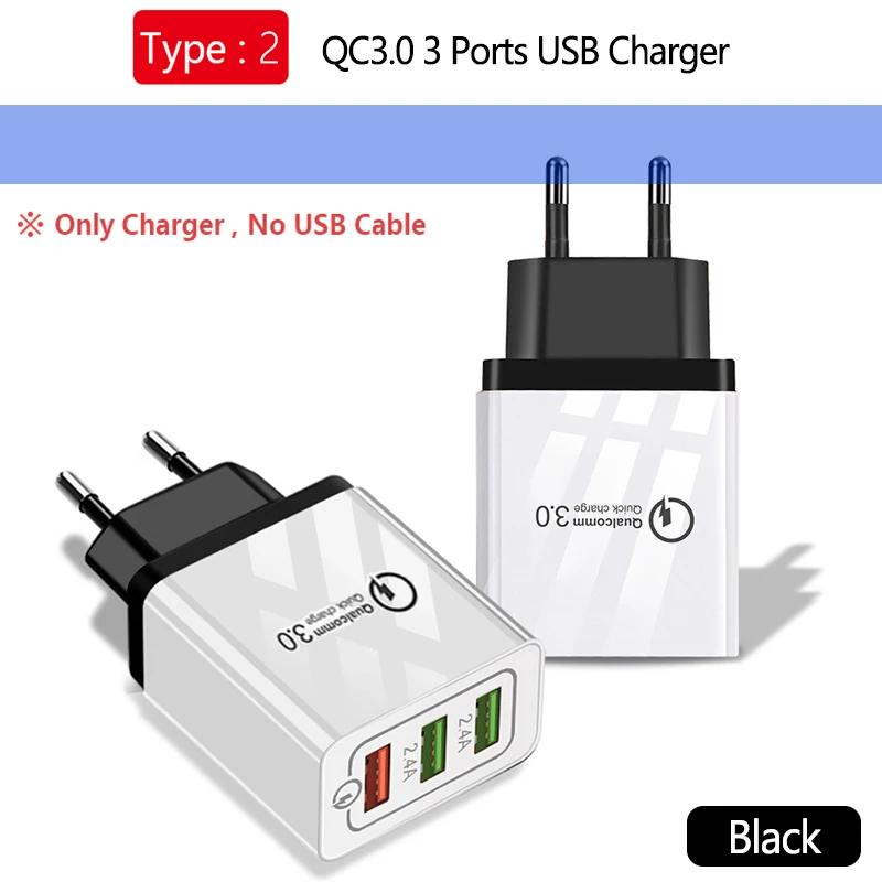 3 порта USB настенное зарядное устройство QC3.0 быстрое зарядное устройство s 5 V/2.4A 18W Быстрая зарядка для samsung Xiaomi huawei iPad iPhone Micro type-C кабель - Тип штекера: QC3.0 Charge Black