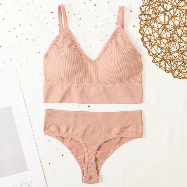 Women Bra And Panties Set Sports Bra Set Sexy G-String Seamless Bra Thong Sexy Lingerie Set Fitness Crop Top Underwear Intimates thong-pink