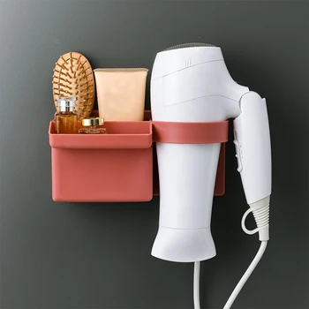 

Wall-Mounted Hair Dryer Holder Water-Resistant Bathroom Organizer Rack With Two Slots For Cosmetics Shampoo