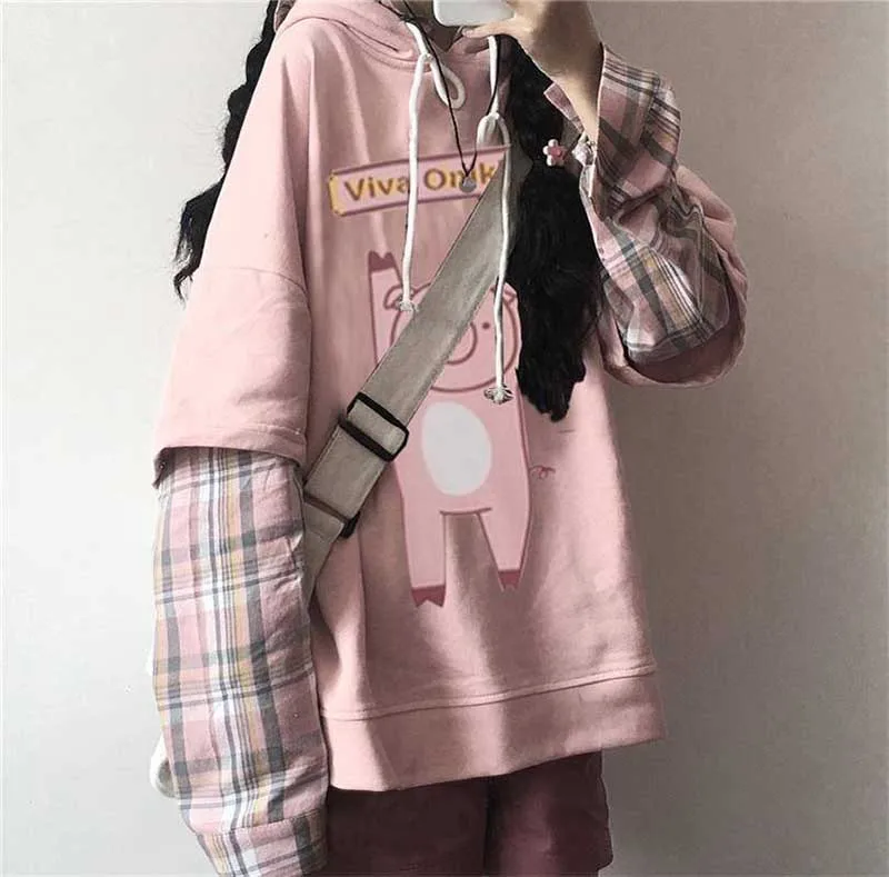 Осенняя Женская толстовка с капюшоном Mori Girl с милым розовым принтом поросенка, с капюшоном, в клетку, в стиле пэчворк, с длинным рукавом, толстовка, Женский Повседневный пуловер