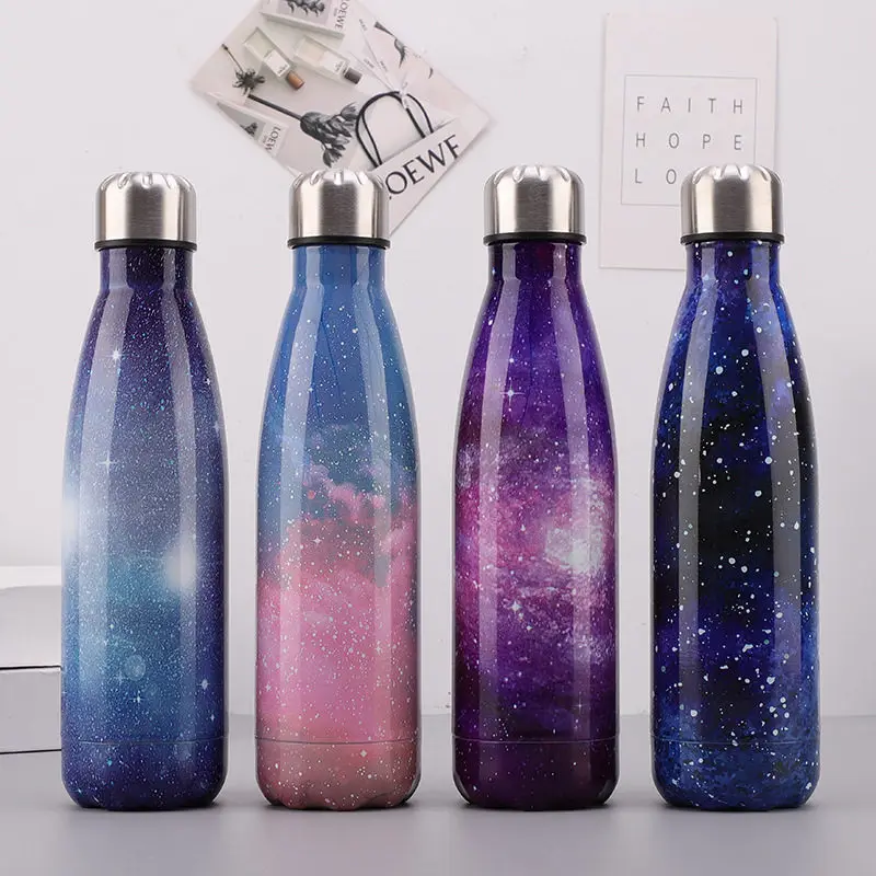 Звездное небо, цветок, стеклянная бутылка для воды, размер 500 мл, настенный двойной шар из нержавеющей стали, пустая Изолированная бутылка для напитков, спортивная чашка