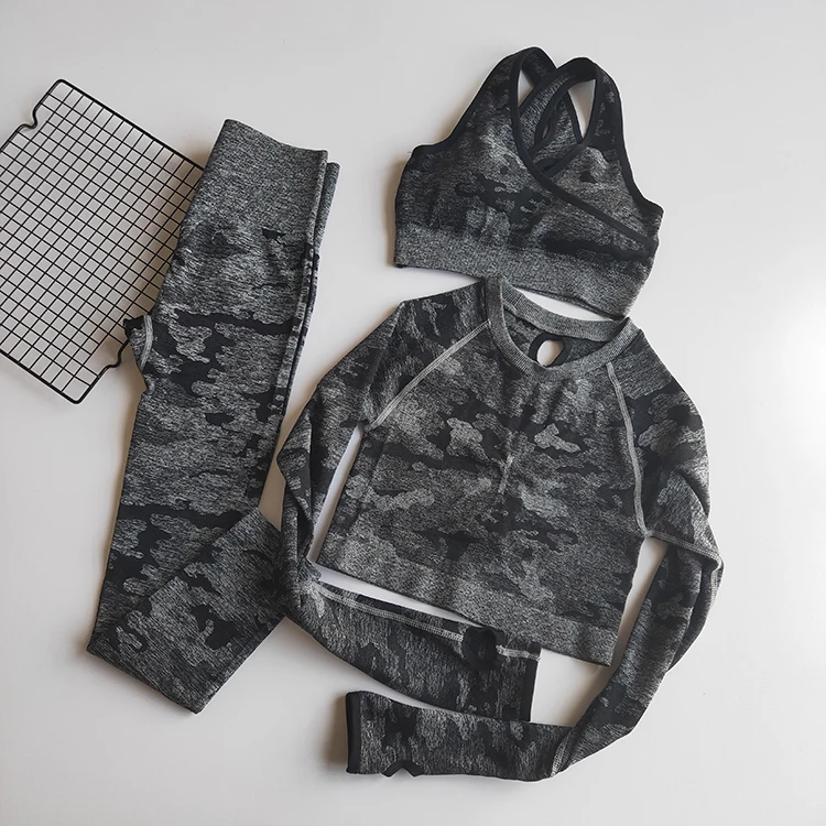 YS03 black 3 pcs Комплект из 2 предметов, камуфляжный, камуфляжный, для йоги, спортивная одежда для женщин, для спортзала, фитнеса, одежда для занятий йогой, леггинсы+ спортивный бюстгальтер, спортивный костюм для спортзала, Femme - Цвет: YS03 black 3 pcs