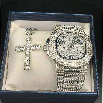 

Men Luxury Men Watch & Necklace Combo Set Hip Hop Cross Pendant Rock Rapper Ice Out Cuban Watch Hip Hop Jewerly Hip Hop For Men