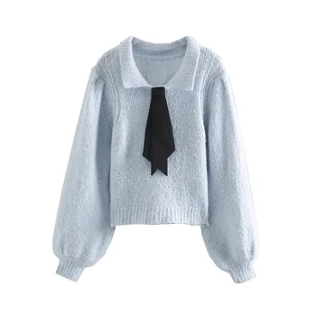 

Autumn 2019 women's new Polo puffy long sleeve contrast sweater with bow tie embellishment sweater 07451100406