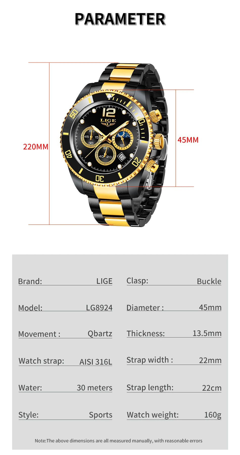 Orologio in oro nero di moda Orologio al quarzo impermeabile in acciaio inossidabile di lusso di marca superiore Orologio da polso cronografo sportivo da uomo Ma_voghion.com