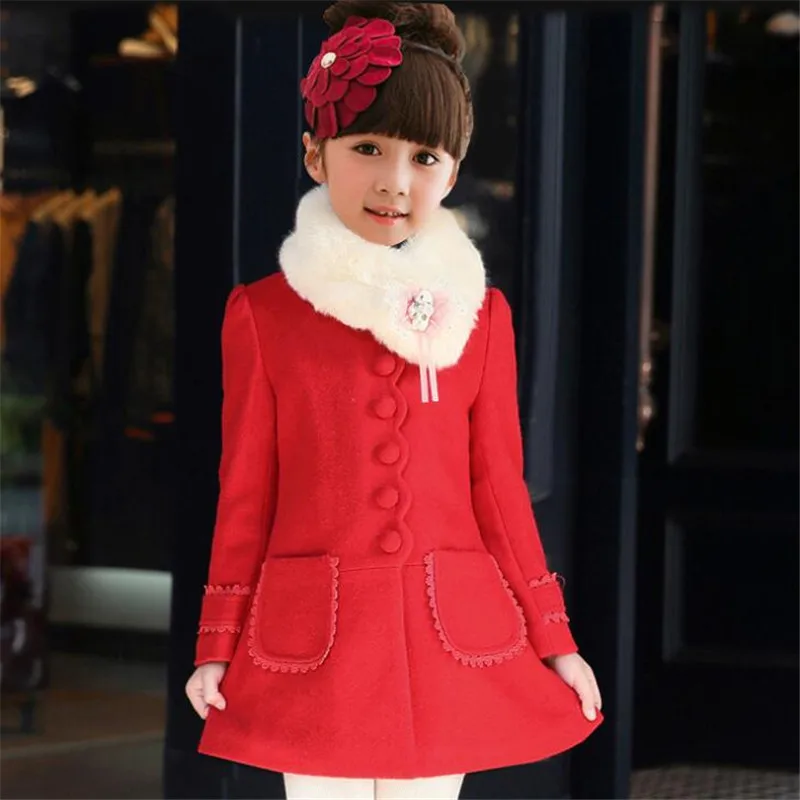Baby Girls Autumn Winter Wool Coat Fashion Long Sleeve Soild Single-Breasted Outwear High Quality Long Toddler Girl Coats 4-15T