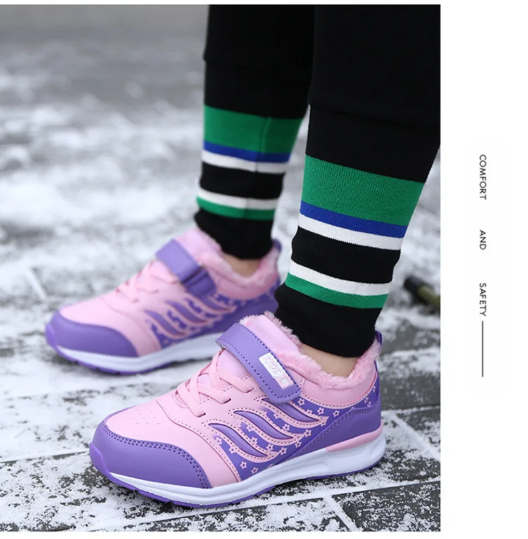 Winter New Girls Sneakers Plus Velvet Thickening Warm Children Sports Shoes Slip Leather Kids Sneakers School Running Shoes