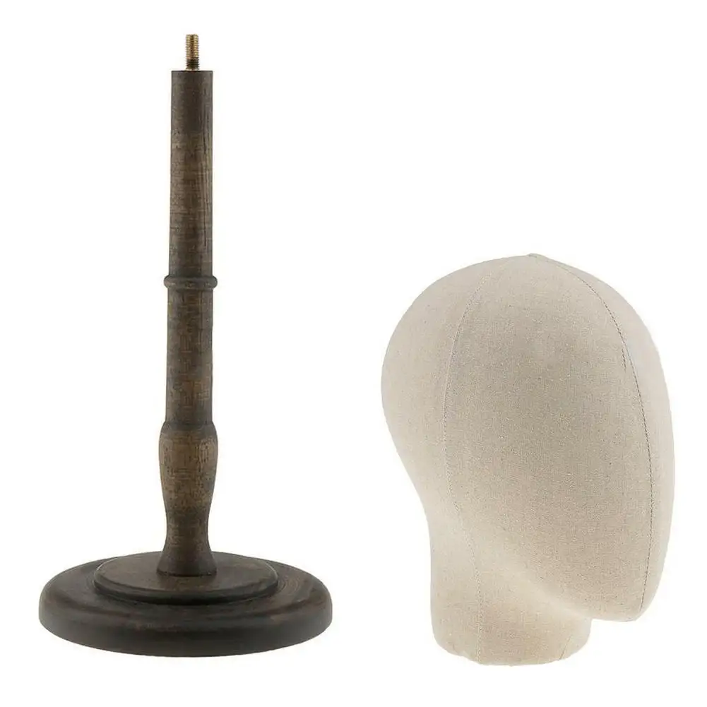 

1Pc Retro Canvas Mannequin Head Hat Wig Display Holder Racket Host with Wooden Stand Holder Hair Wig Stand Hair Trainning Tool