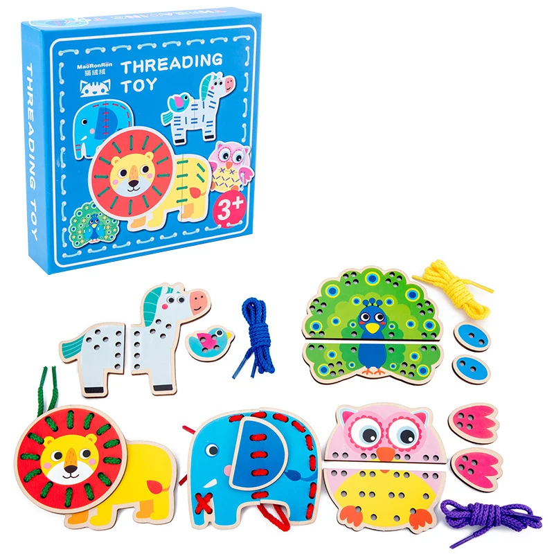 

Kids Cartoon Fruit Animal Vegetable Wooden Lacing Block Threading Game Puzzle Toy Intelligence Develop Toys