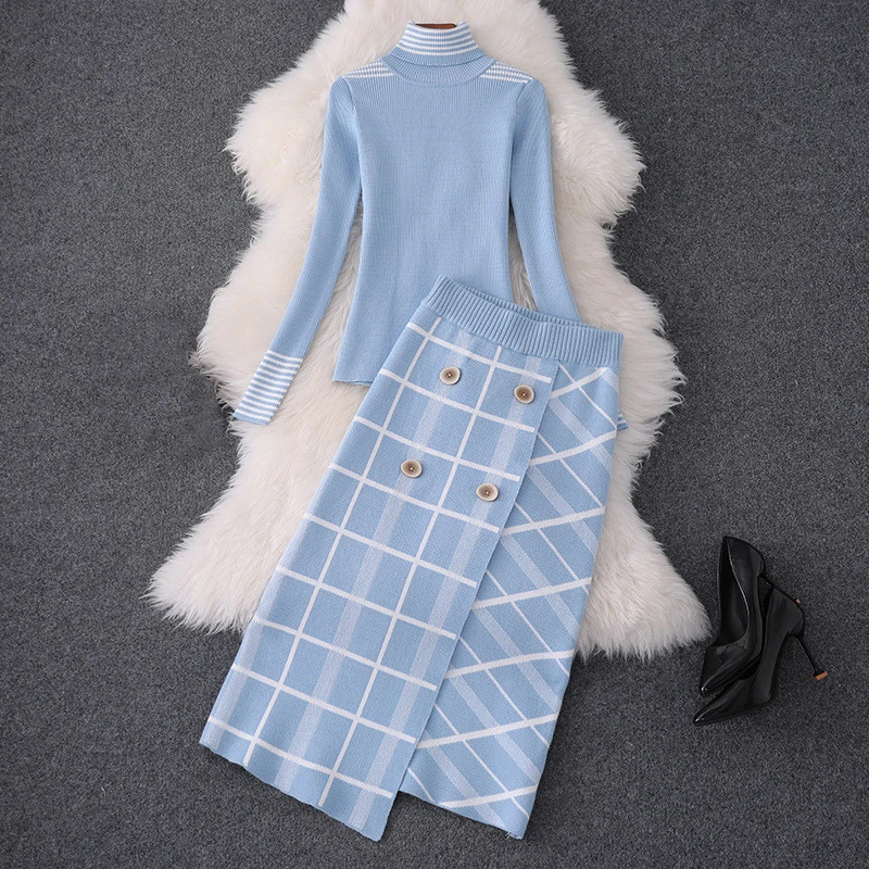 

Knitted Runway Designer Women Sweater Skirt 2Pcs Set 2019 Autumn Winter High Neck Knit Top Plaid Skirt Suit Set Lady Twinset