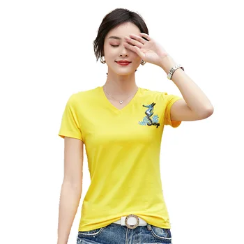 

Europe New Women Summer Personality Sexy V Neck Short Short Sleeve Handmade Beading Cotton T Shirt Top Female Casual Loose Shirt