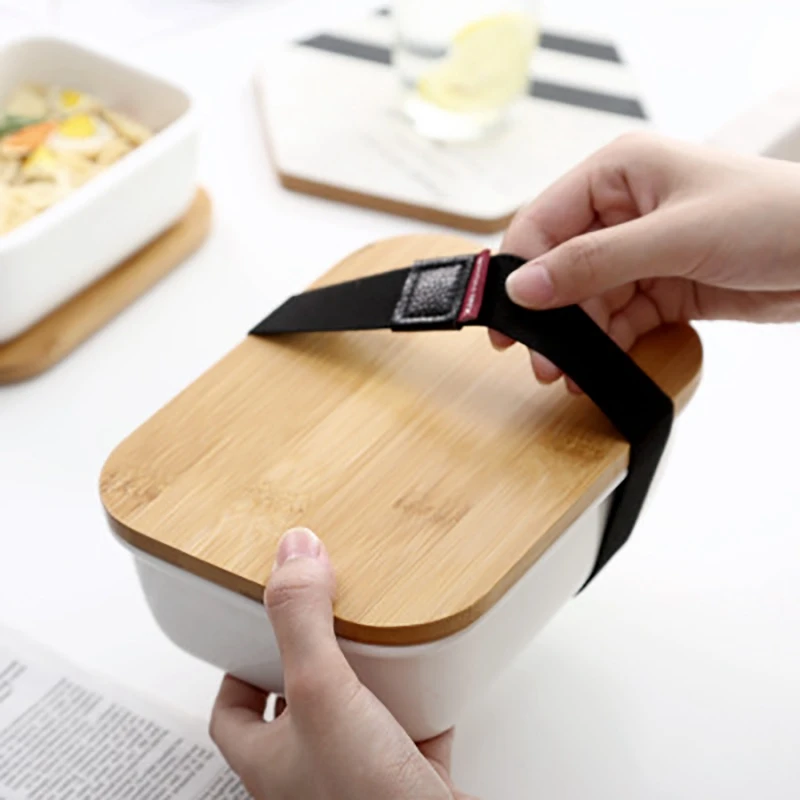 2 шт Microwavable Ланч-бокс бамбуковый керамический Bento box Теплоизоляционный контейнер для еды коробка для хранения свежесть, S с L