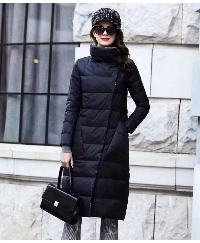 Клетчатая двухсторонняя пуховая куртка-парка, Женская куртка средней длины выше колена, длинное винтажное теплое пальто с воротником-стойкой