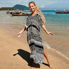 

Boho Vintage Printed Rayon Beach Cover Up Maxi Dress Kaftan 2022 Summer Plus Size Women Bikini Kimono Swimsuit Beach Wear Pareo