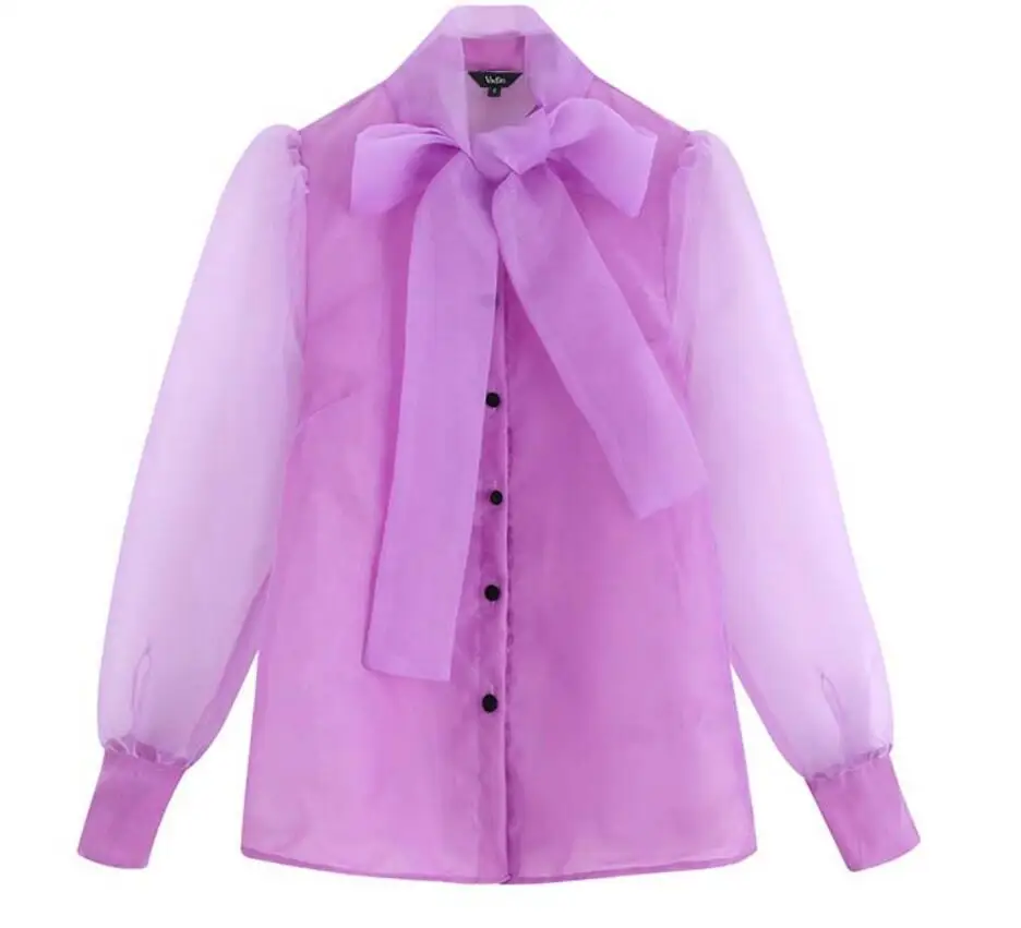 BB55 purple 9584 Bazaleas винтажный фиолетовый бантик воротник блузка шикарная накидка из органзы рукав офисная одежда женская рубашка прозрачные блузы - Цвет: BB55 purple 9584