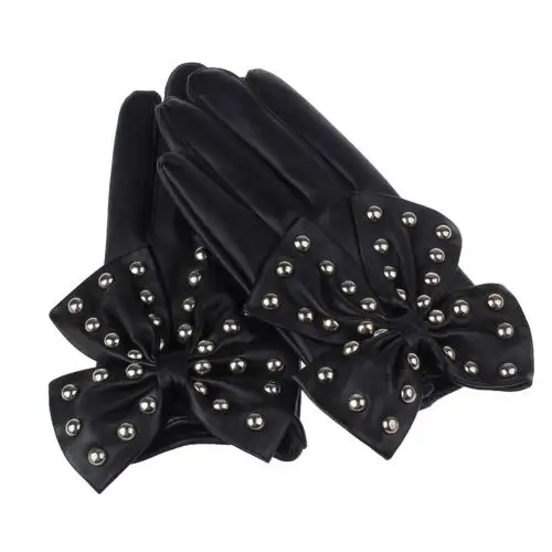 Мотоциклетные женские заклепки лук сплошной цвет Искусственные кожаные перчатки полный митенки для пальцев - Цвет: Black with Rivet