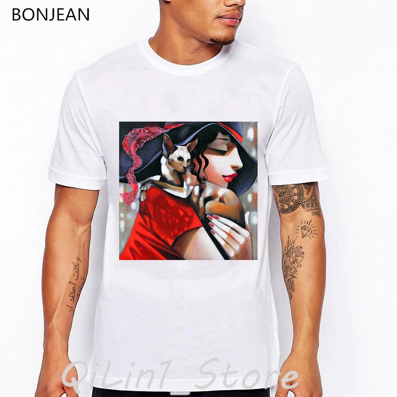 

Elegant lady and her cat print vintage t shirt mens tshirt hipster streetwear summer clothes geek top tee shirt homme camiseta