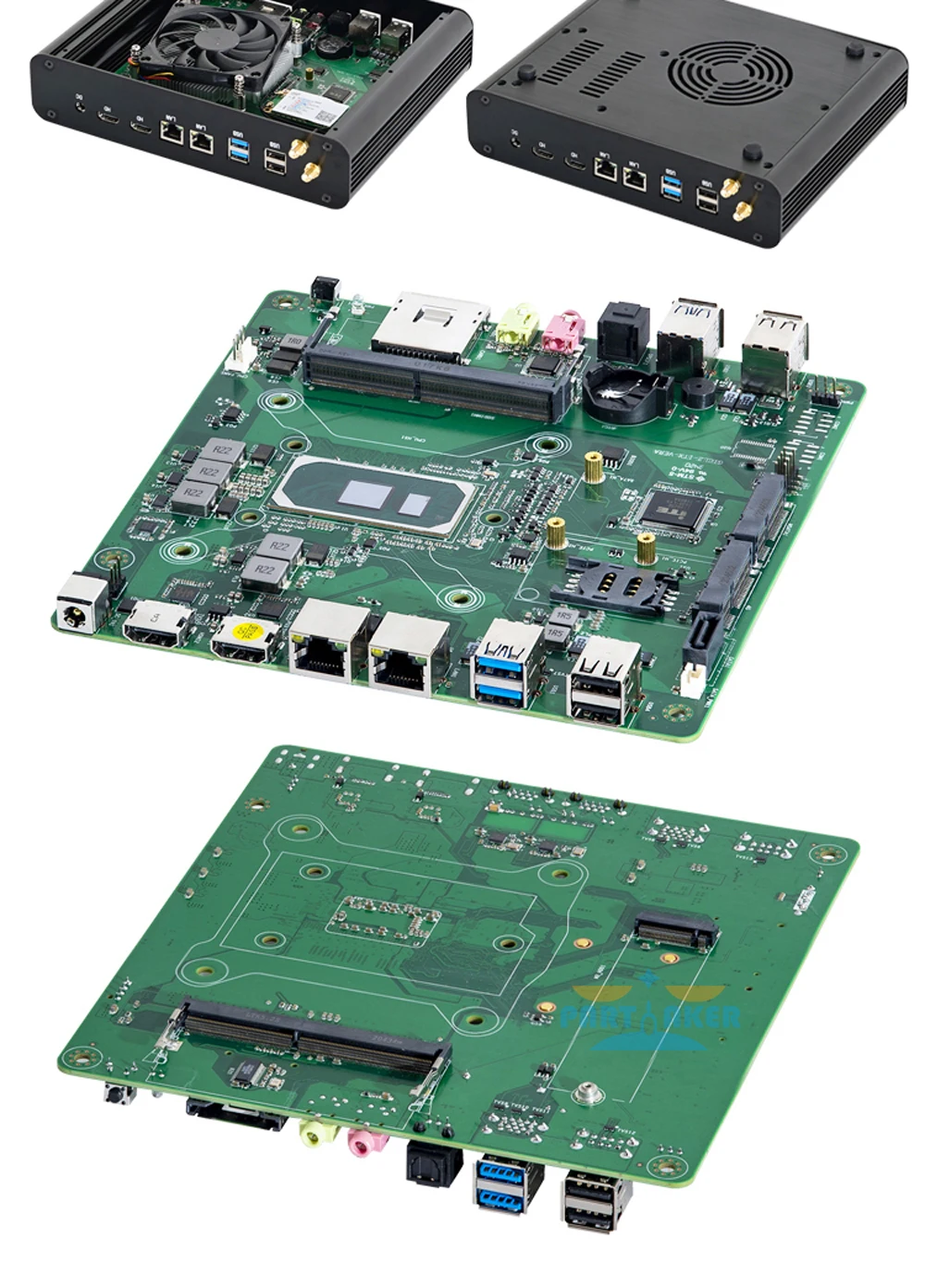 Elevate your gaming experience with Partaker Mini PC, featuring Intel Core i7 1065G7, i5 1035G4, 2 RAM Slots supporting up to 64GB DDR4 RAM, 2 HDMI2.0, 2 LAN, and 8 USB ports. Description Image.This Product Can Be Found With The Tag Names Barebone Mini PC, Computer Office, Mini pc