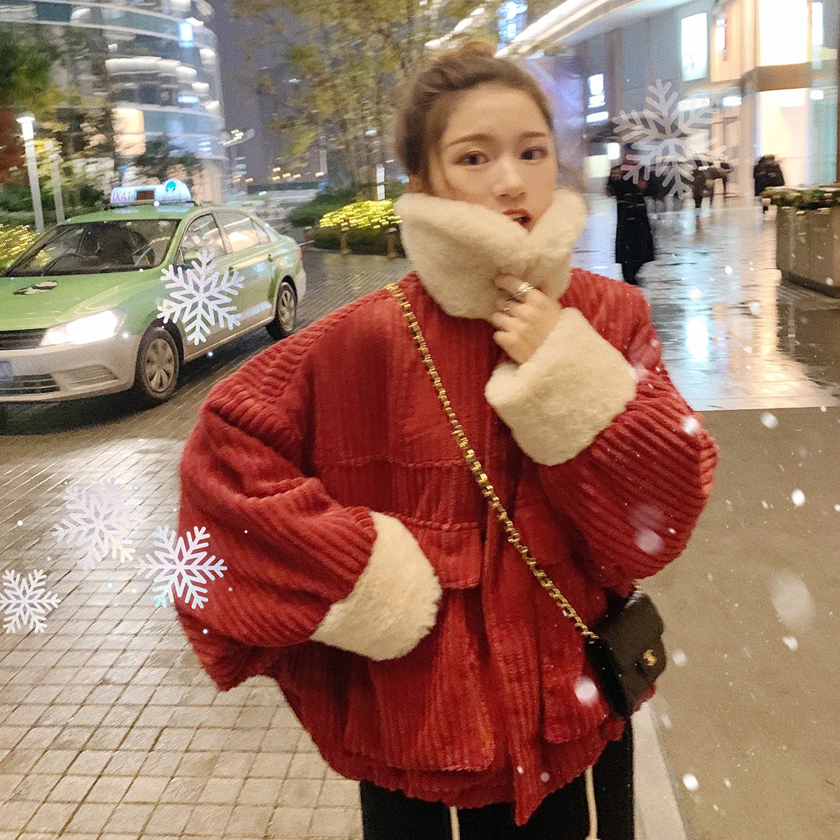 

2020 Wine Red Fur Liner Red Corduroy Imitation Rabbit Fur Coat Female Thick Loose Retro Jacket Coat Women