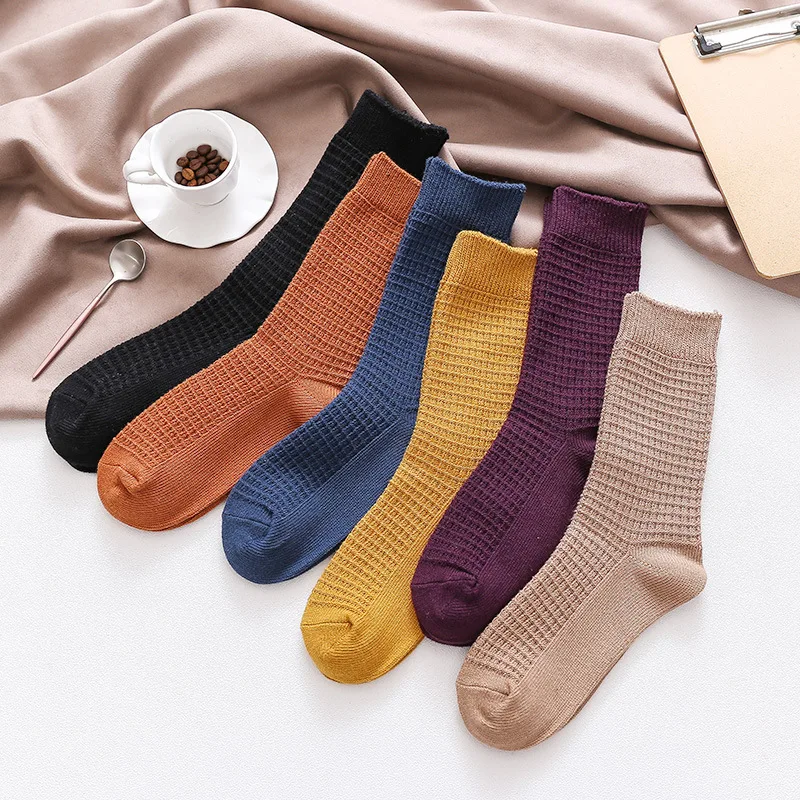 Однотонные носки в сетку; сезон осень-зима; женские хлопковые носки в японском стиле; повседневные уличные плотные теплые удобные дышащие впитывающие пот носки