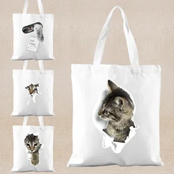 Cat Print Shopping Bag Women Tote Bags Eco Canvas Shoulder Bag All-match Hand Bag Reusable Shopper Bags High Capacity Cloth Bags