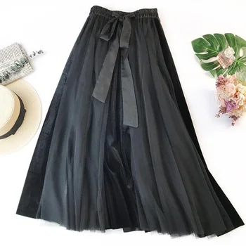 

Long Velvet Tulle Skirt Women Korean Stretch High Waist Puffy Mesh Skirt Autumn Winter Big Bow Maxi Pleated Skirt Jupe Femme
