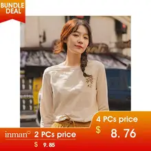 INMAN, осень, Новое поступление, элегантная, с вырезом лодочкой, с вышивкой, минимализм, подходит ко всему, повседневная, рукав три четверти, женская футболка