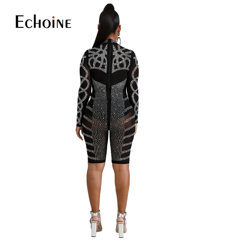 Sexy Mesh Rhinestone Long Sleeve Bodysuit Women See Through Party Night Club Bandage Jumpsuit Autumn Halloween Short Playsuit