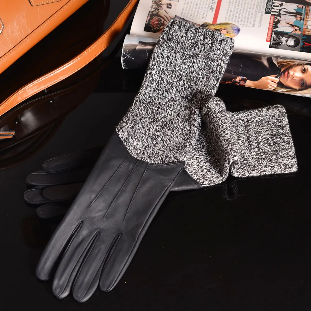 42cm  Women's Ladies Real Leather with Knitted Stitching Mid-long Gloves Gauntlet Party Evening Opera/Long Knitting Gloves