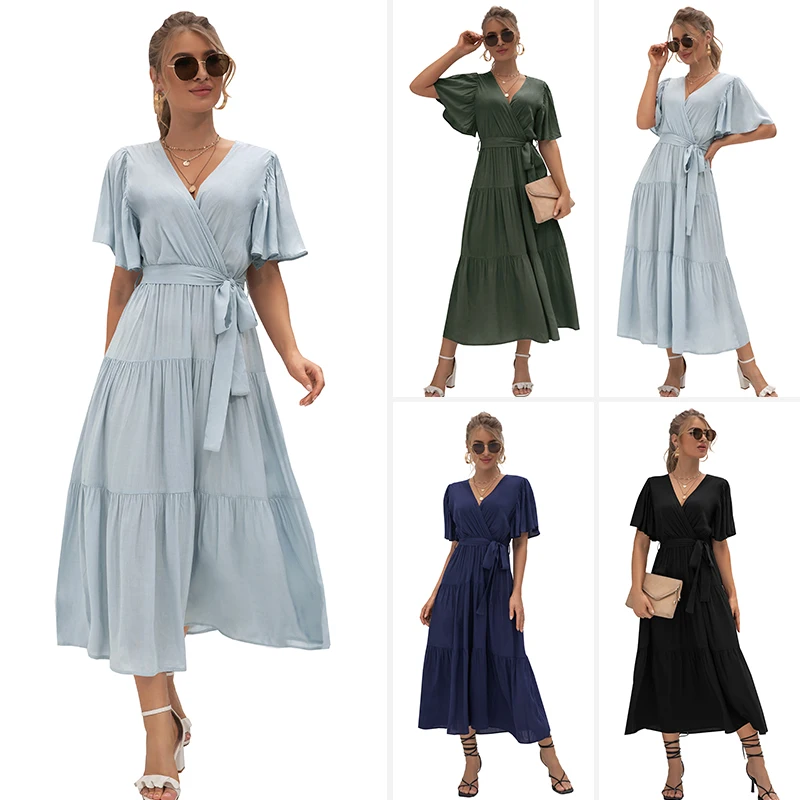 

Solid Color Loose Flowy Swing Short Sleeve V Neck Tiered Long Casual Women Wrap Maxi Sundress