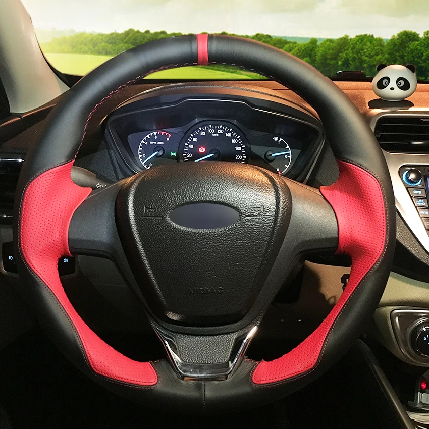 Прошитый вручную черный, красный кожаный Противоскользящий автомобильный чехол на руль для Ford Fiesta 2008- EcoSport