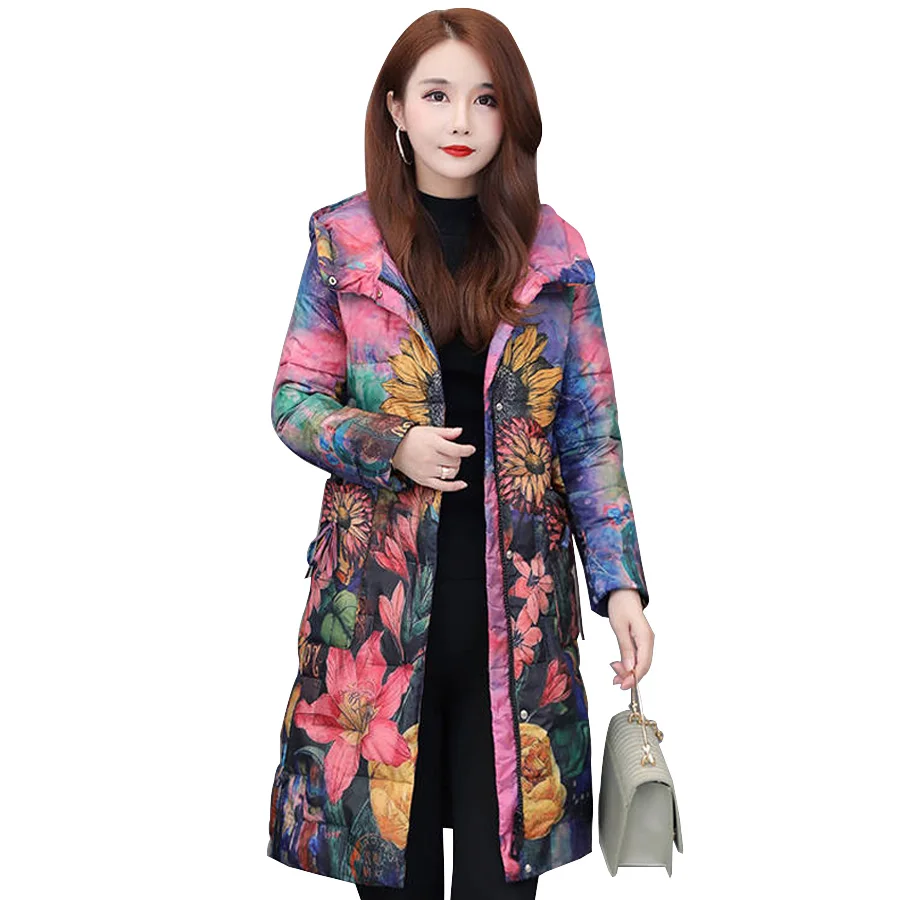 Женская куртка с хлопковой подкладкой зимняя парка капюшоном и цветочным