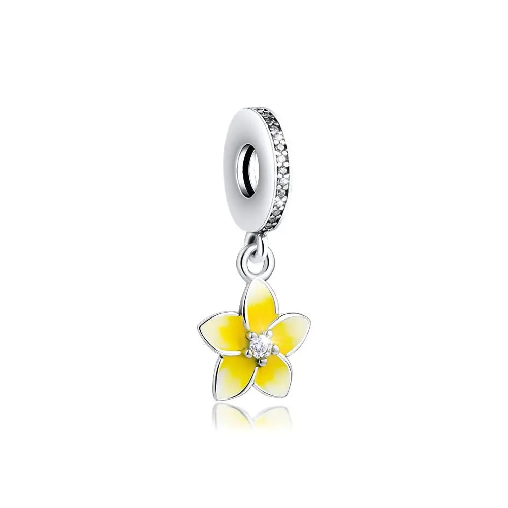 

CKK 100% 925 Sterling-Silver Yellow Flower Charm DIY Fits for Brand Beads Bracelets Magnolia Bloom Charms with Yellow Enamel