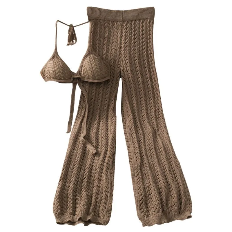 

Summer Knitting Set 3 Colors Two Pieces Sexy Spaghetti Straps Crop Tops Full Pants Vintage Celebrity Evening Party Outfit Vest