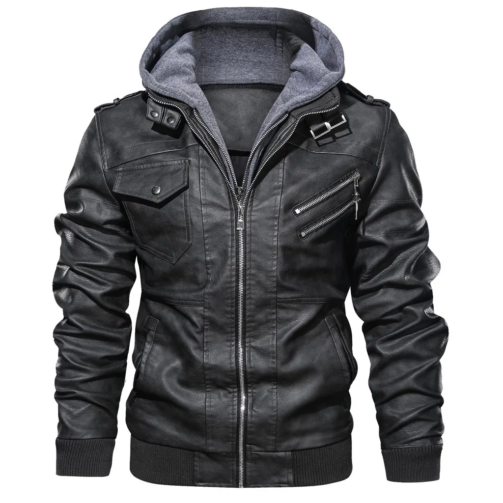Мужская куртка осенне-зимняя куртка-бомбер мужская с капюшоном винтажная однотонная куртка из искусственной кожи ветровка jaqueta masculino - Цвет: Black