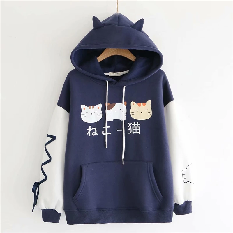 2020 Winter Harajuku Kawaii Women Hoodies Japanese Cute Cat Graphic Girls Pullover Lolita Sweet Hooded Sweatshirt with Ears Pink