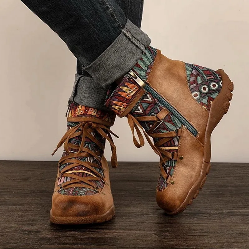 

HEFLASHOR 2020 Embroidered Women Boots Autumn Winter Boho Ladies Round Toe Short Boots Female Lace-up Boots Casual Dropshipping