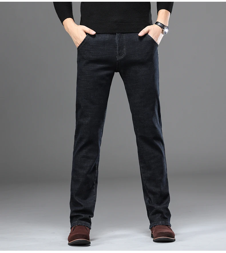 Мужские джинсы бренд 2019 Новые Зимние флисовые стрейч джинсы мужские классические повседневные Прямые синие джинсы черные толстые теплые